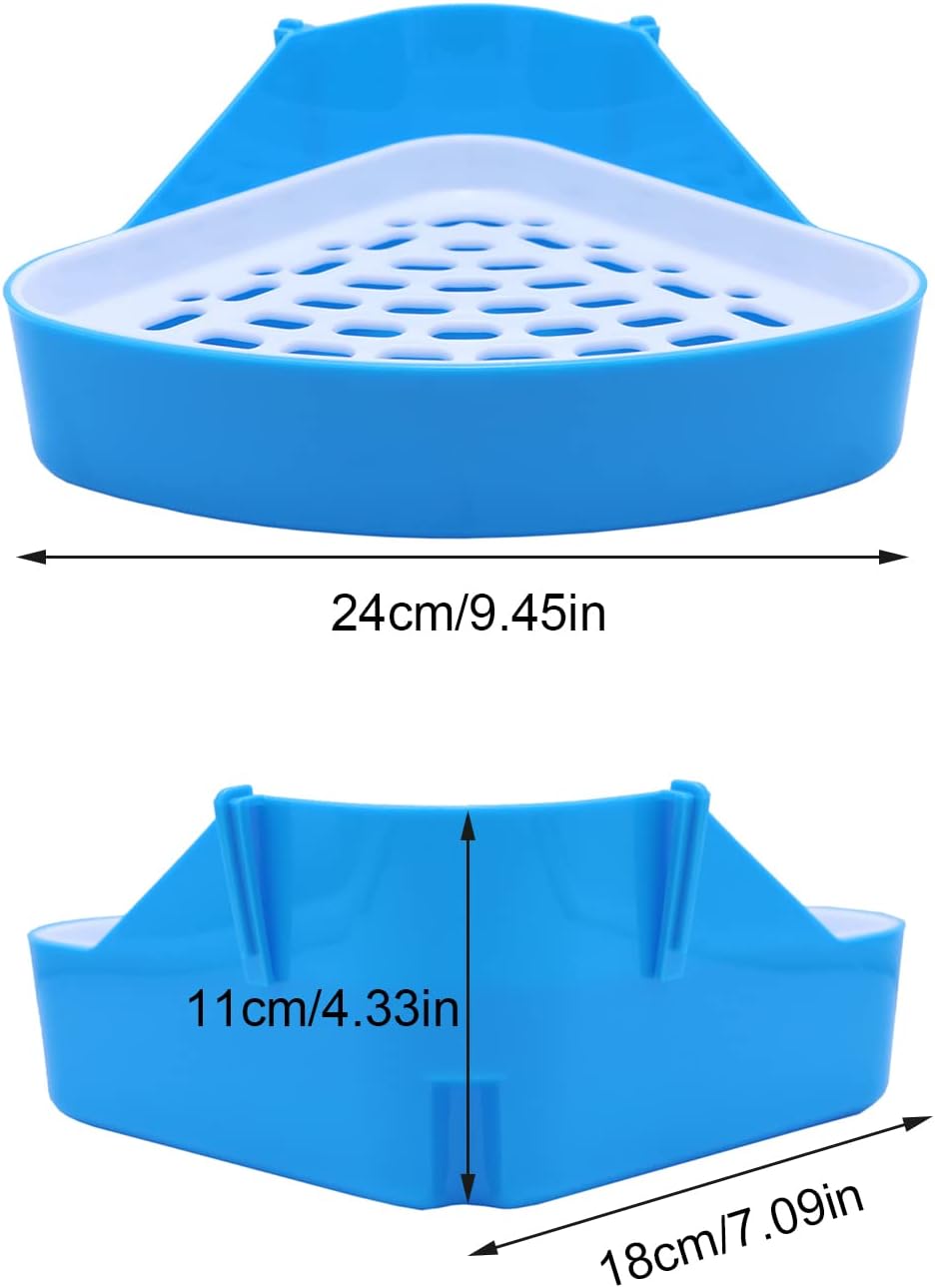 Blue corner pet litter tray with dimensions on a white background at Pet Servo