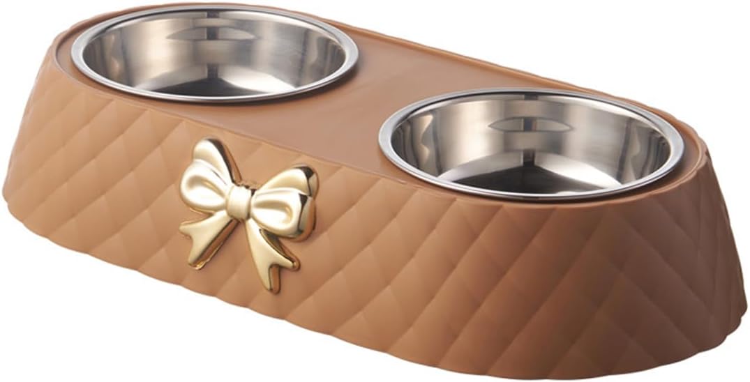 A brown quilted pet feeder and waterer bowl set with stainless steel bowls and a gold bow accent on the front at Pet Servo