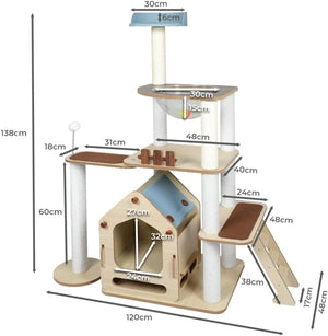 A multi-level cat tree with dimension annotations showing measurements in centimeters, including total height of 138cm, base width of 120cm, and various platform and perch measurements at Pet Servo
