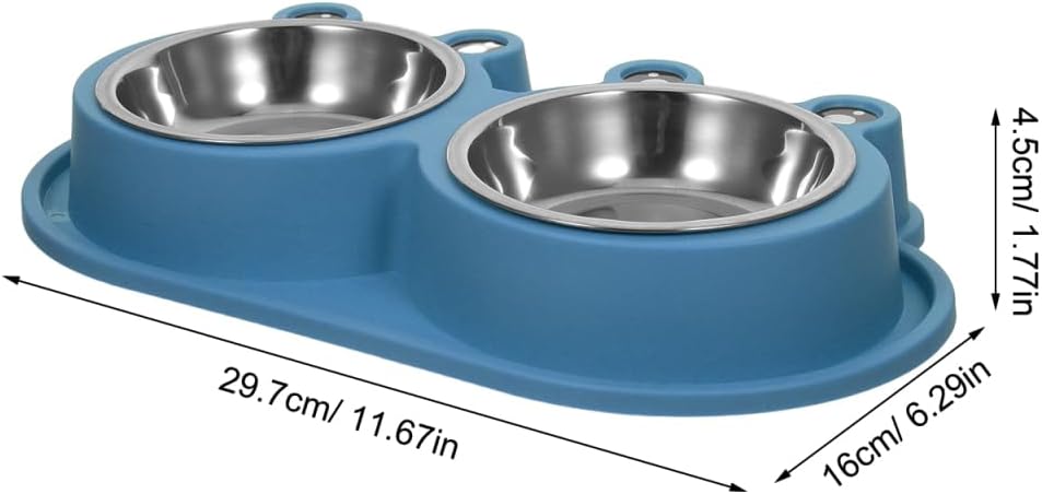 Blue dual pet feeder bowl with stainless steel bowls and dimension markings showing 29.7cm length, 16cm width, and 4 at Pet Servo