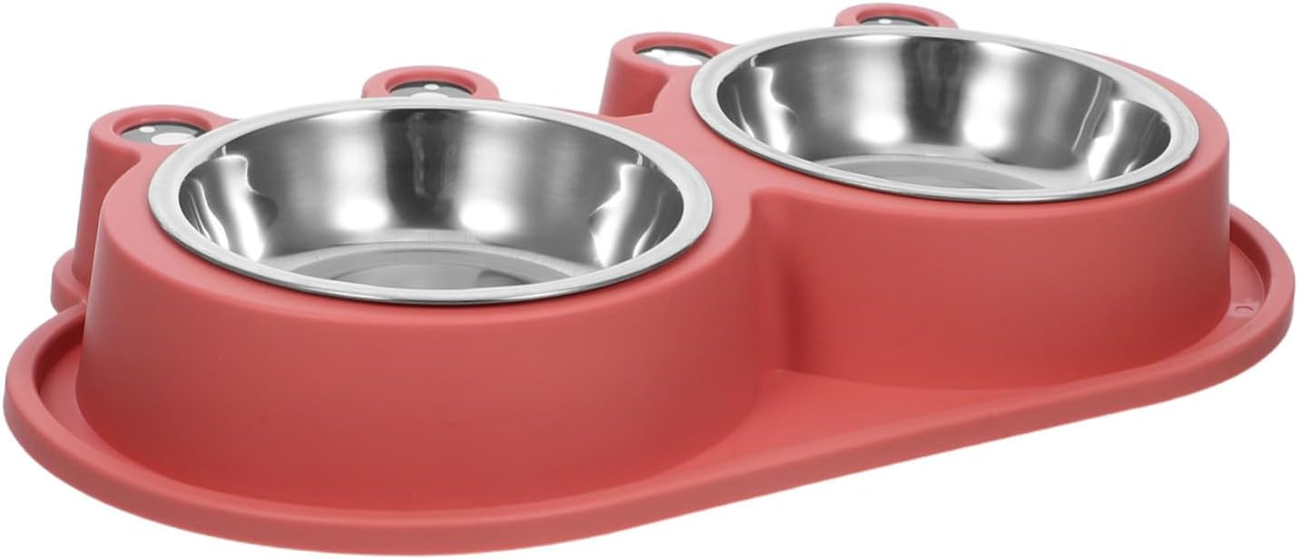 A red double pet feeder and water bowl set with stainless steel bowls, shown on a plain white background at Pet Servo