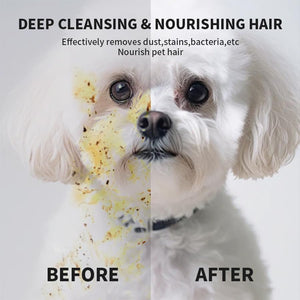 Before and after comparison of a dog's hair with cleaning product, showing effectiveness on pet fur at Pet Servo