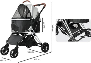 A black and silver stroller shown on a white background with overlaid dimension arrows and measurements, plus a small inset close-up of the stroller frame. This is an informational product image rather than a clean standalone product photo, so subject_type is Measurement Chart at Pet Servo