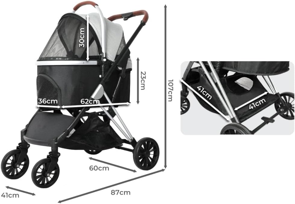 A black and silver stroller shown on a white background with overlaid dimension arrows and measurements, plus a small inset close-up of the stroller frame. This is an informational product image rather than a clean standalone product photo, so subject_type is Measurement Chart at Pet Servo