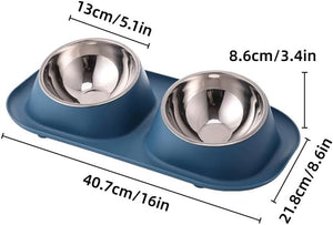 Blue dual pet food bowl set with stainless steel bowls, showing dimension labels and measurement lines on a white background at Pet Servo