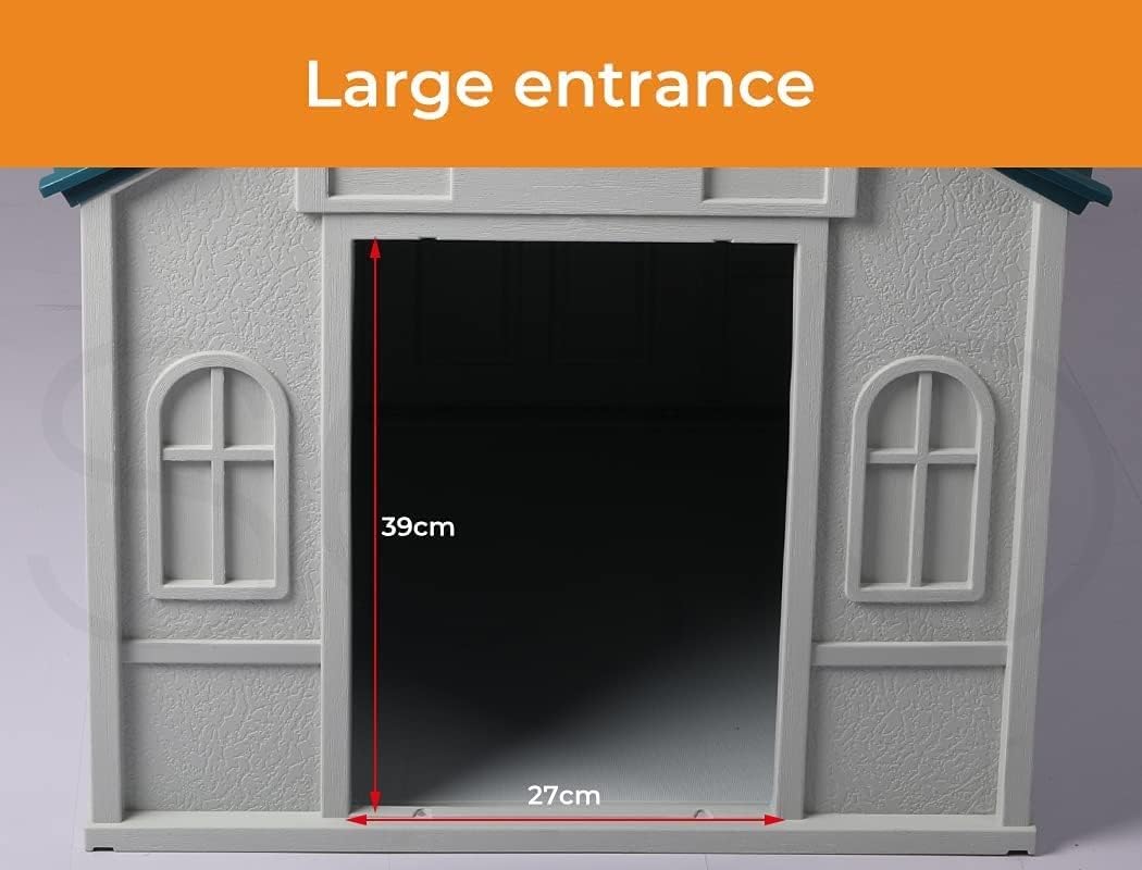 A gray plastic doghouse with a large open doorway, shown with red dimension lines indicating 39 cm height and 27 cm width, under an orange banner that reads 'Large entrance' at Pet Servo