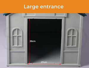 A gray plastic doghouse with a large open doorway, shown with red dimension lines indicating 39 cm height and 27 cm width, under an orange banner that reads 'Large entrance' at Pet Servo