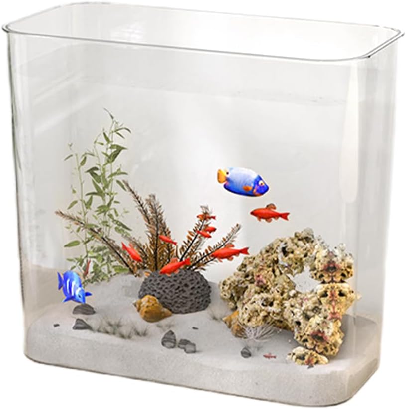 Small aquarium with fish, plants, and rocks on a white background at Pet Servo