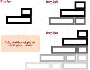 A product information graphic showing three configurations of a rectangular modular frame or panel set, labeled Buy 1pc, Buy 2pc, and Buy 5pc. The graphic includes a peach-colored box stating 'Adjustable height to meet your needs' and shows the frame pieces in black, gray, and white outlines on a white background at Pet Servo