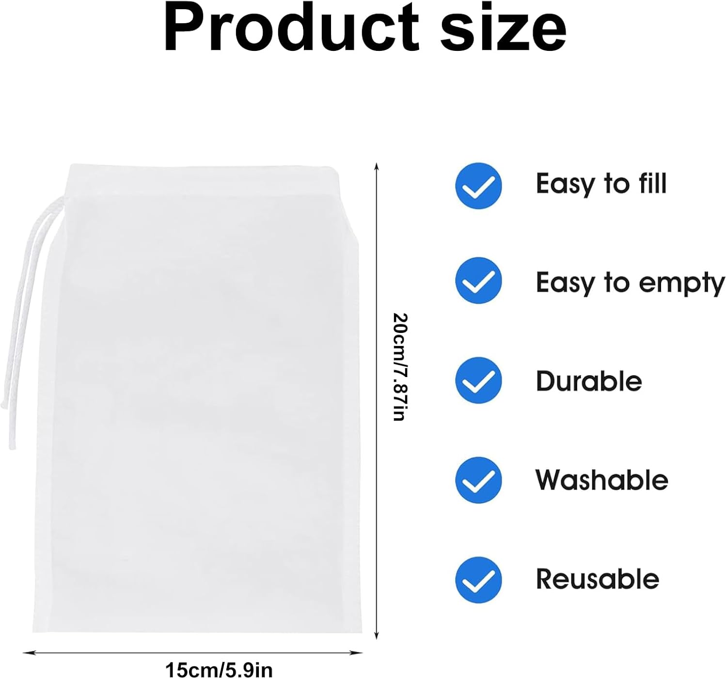 White drawstring bag with product size and features listed on a white background at Pet Servo