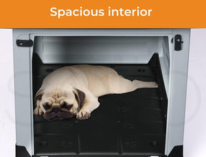 A light fawn pug lies stretched out inside a large white and black pet crate, with an orange banner at the top reading 'Spacious interior' at Pet Servo