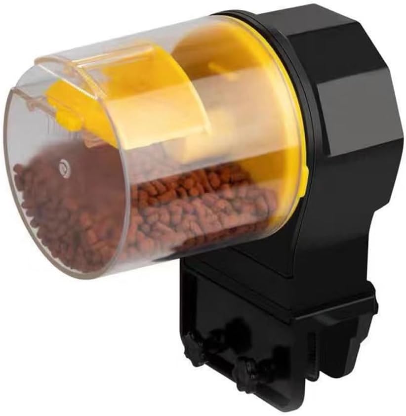 Black and yellow pet food dispenser with clear container filled with kibble on a white background at Pet Servo