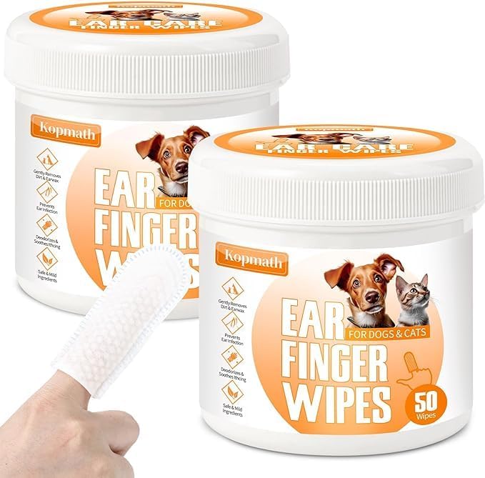 Two containers of Kepmath Ear Finger Wipes for dogs and cats, with a hand holding a wipe at Pet Servo
