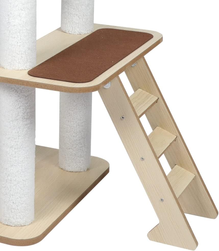 A close-up of a wooden cat tree with white-wrapped scratching posts, a light natural wood platform, a brown carpeted climbing pad, and an attached wooden ladder with steps at Pet Servo
