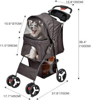 A dark gray pet stroller with dimension labels and arrows showing measurements in centimeters and inches, including height, width, and depth. The stroller has clear windows showing pets inside and is photographed on a plain white background at Pet Servo