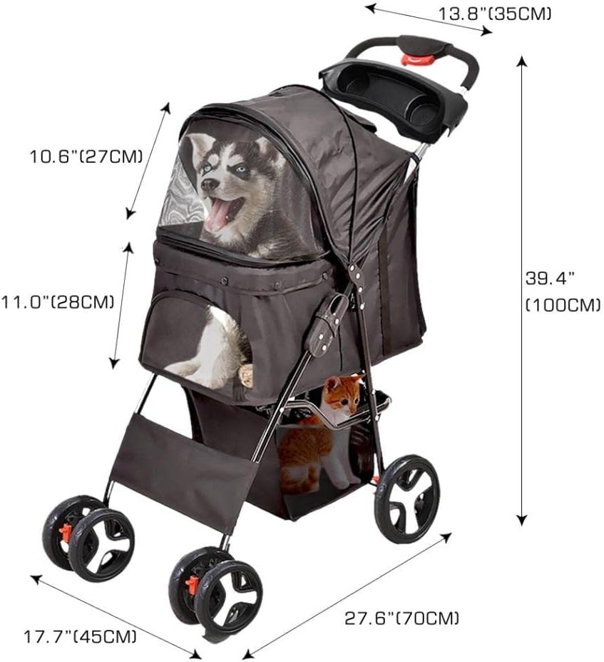 A dark gray pet stroller with dimension labels and arrows showing measurements in centimeters and inches, including height, width, and depth. The stroller has clear windows showing pets inside and is photographed on a plain white background at Pet Servo