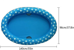 Blue inflatable pool with white paw prints and measurements on a white background at Pet Servo