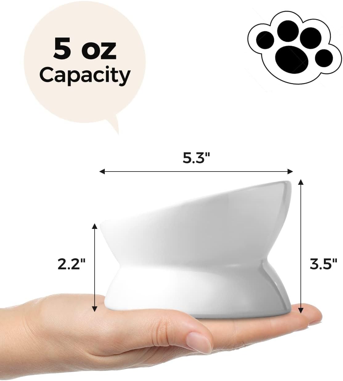Small white container held in a hand with measurements and capacity label at Pet Servo