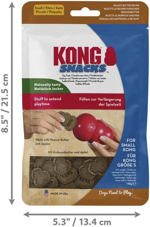 Kong Snacks peanut butter dog treats in a resealable stand-up pouch, shown with dimension arrows and labels indicating 8.5 x 5 at Pet Servo