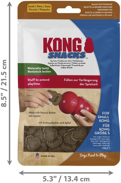Kong Snacks peanut butter dog treats in a resealable stand-up pouch, shown with dimension arrows and labels indicating 8.5 x 5 at Pet Servo