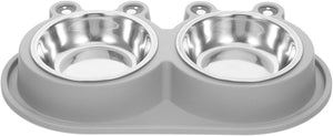 A gray dual pet feeder bowl with two stainless steel bowls inside, shown on a plain white background at Pet Servo