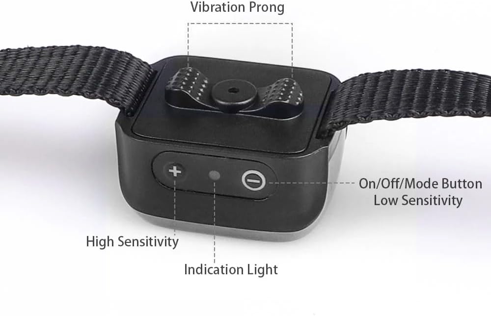 Black electronic dog collar with labeled buttons and features on a white background at Pet Servo