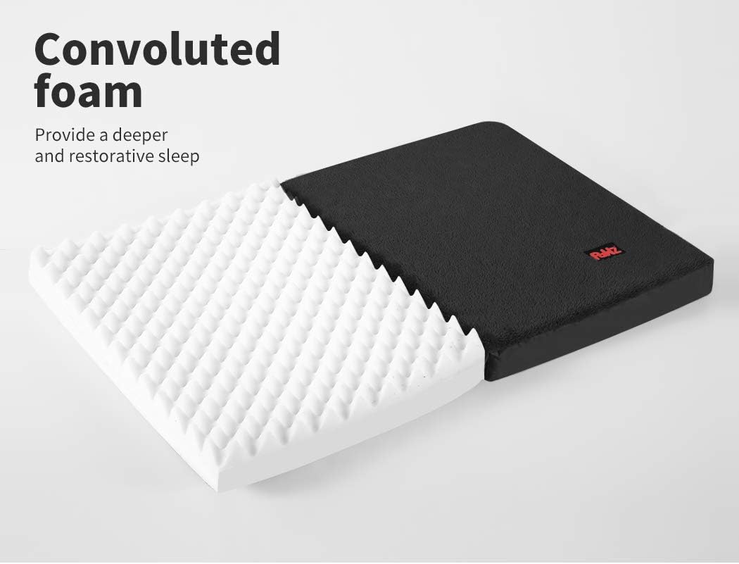 White convoluted foam mattress topper and black pillow on a light gray background with text about deeper sleep at Pet Servo