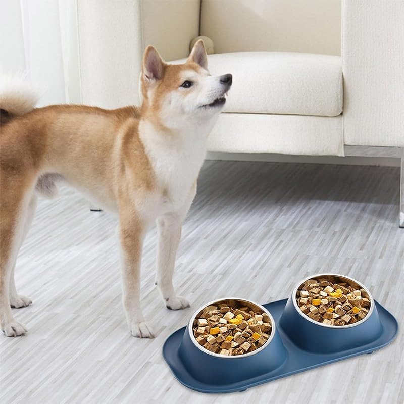 A tan and white Shiba Inu dog stands beside a dual bowl pet feeder on a light gray wood-look floor in front of a cream sofa. The feeder is dark blue with two stainless steel bowls filled with dry dog food at Pet Servo