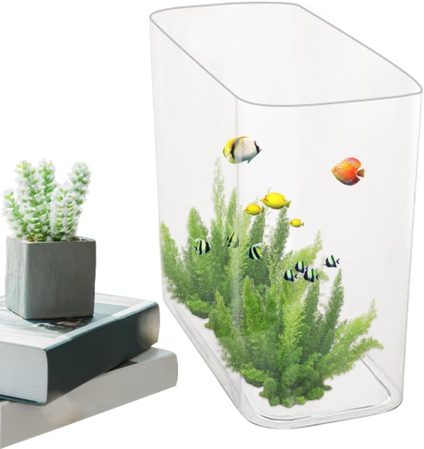 Small glass aquarium with fish and plants on a white background at Pet Servo