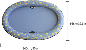 Blue pet pool with yellow paw prints and measurements on a white background at Pet Servo