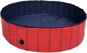 Red and navy blue pet pool with a black valve on a white background at Pet Servo