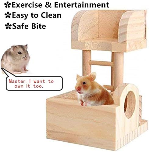 Wooden hamster play area with text highlighting features like exercise, entertainment, ease of cleaning, and safety at Pet Servo