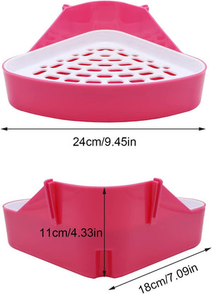 Pink corner pet litter pan with measurements on a white background at Pet Servo