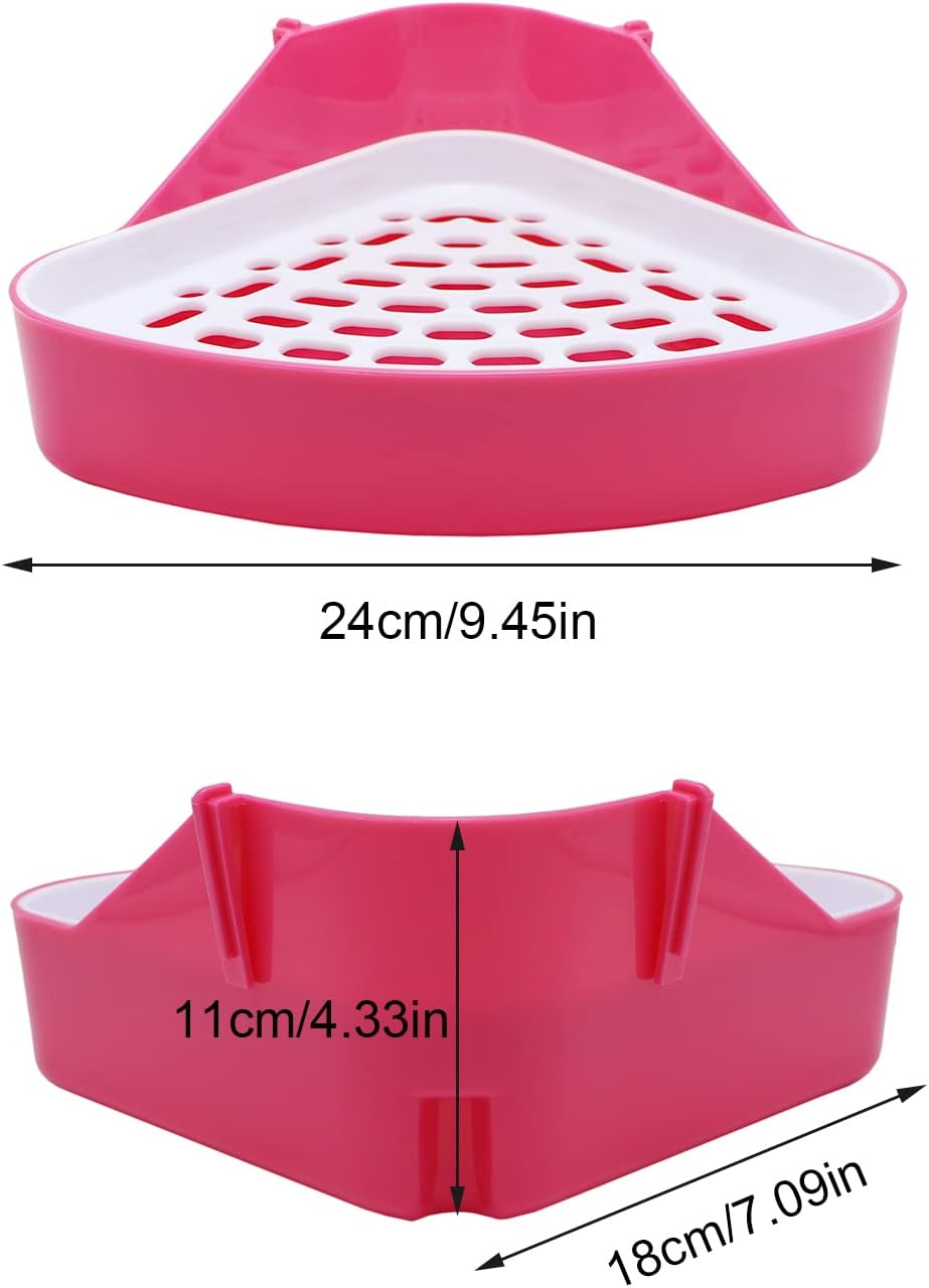 Pink corner pet litter pan with measurements on a white background at Pet Servo