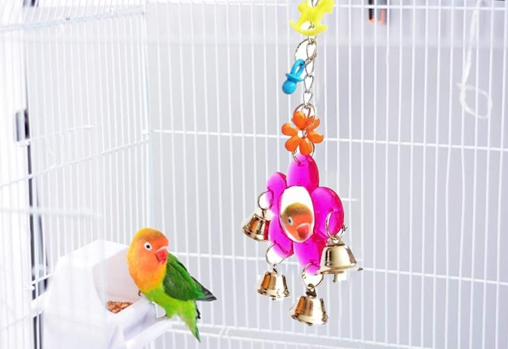 Colorful bird toy with bells and flowers hanging inside a birdcage at Pet Servo