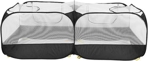 Black and white portable playpen with mesh sides on a plain background at Pet Servo