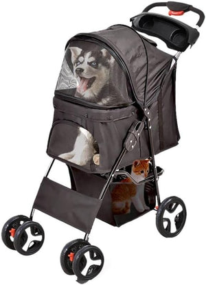 A dark gray pet stroller with mesh windows, shown with a husky dog, white cat, and orange tabby kitten visible inside on a white background at Pet Servo