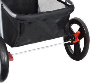 Close-up of a black mesh and fabric shopping stroller basket with black wheels and small red accents on a white background at Pet Servo