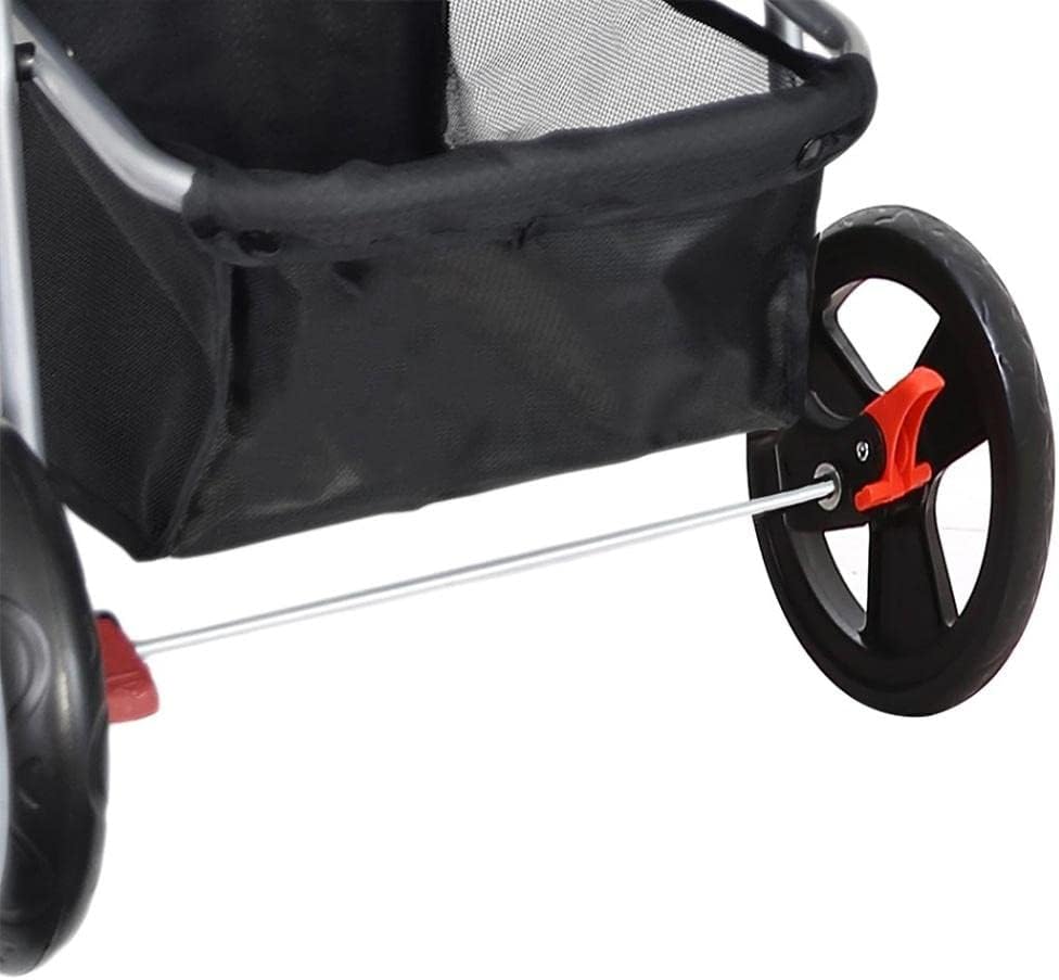 Close-up of a black mesh and fabric shopping stroller basket with black wheels and small red accents on a white background at Pet Servo