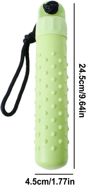 Green textured bottle with black strap and measurements on a white background at Pet Servo