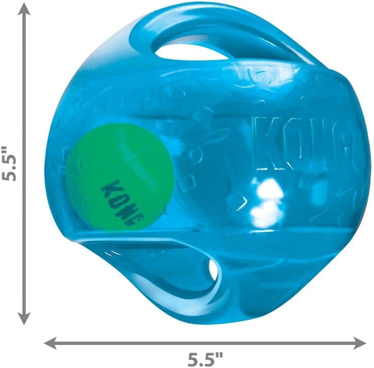 Blue KONG dog toy with a green ball inside, showing dimensions on a white background at Pet Servo