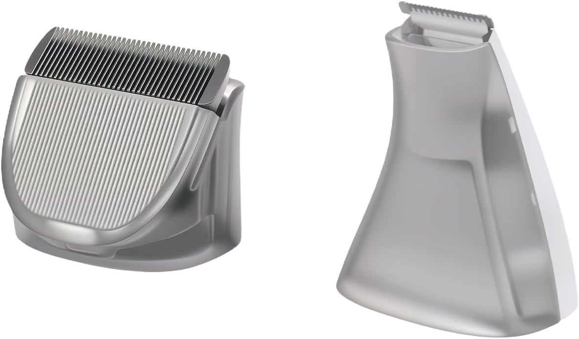A silver electric trimmer head and its matching mounting guard, shown from front and back angles on a plain white background at Pet Servo