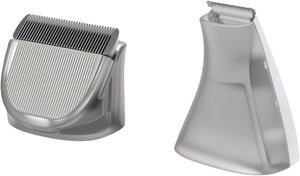 A silver electric trimmer head and its matching mounting guard, shown from front and back angles on a plain white background at Pet Servo