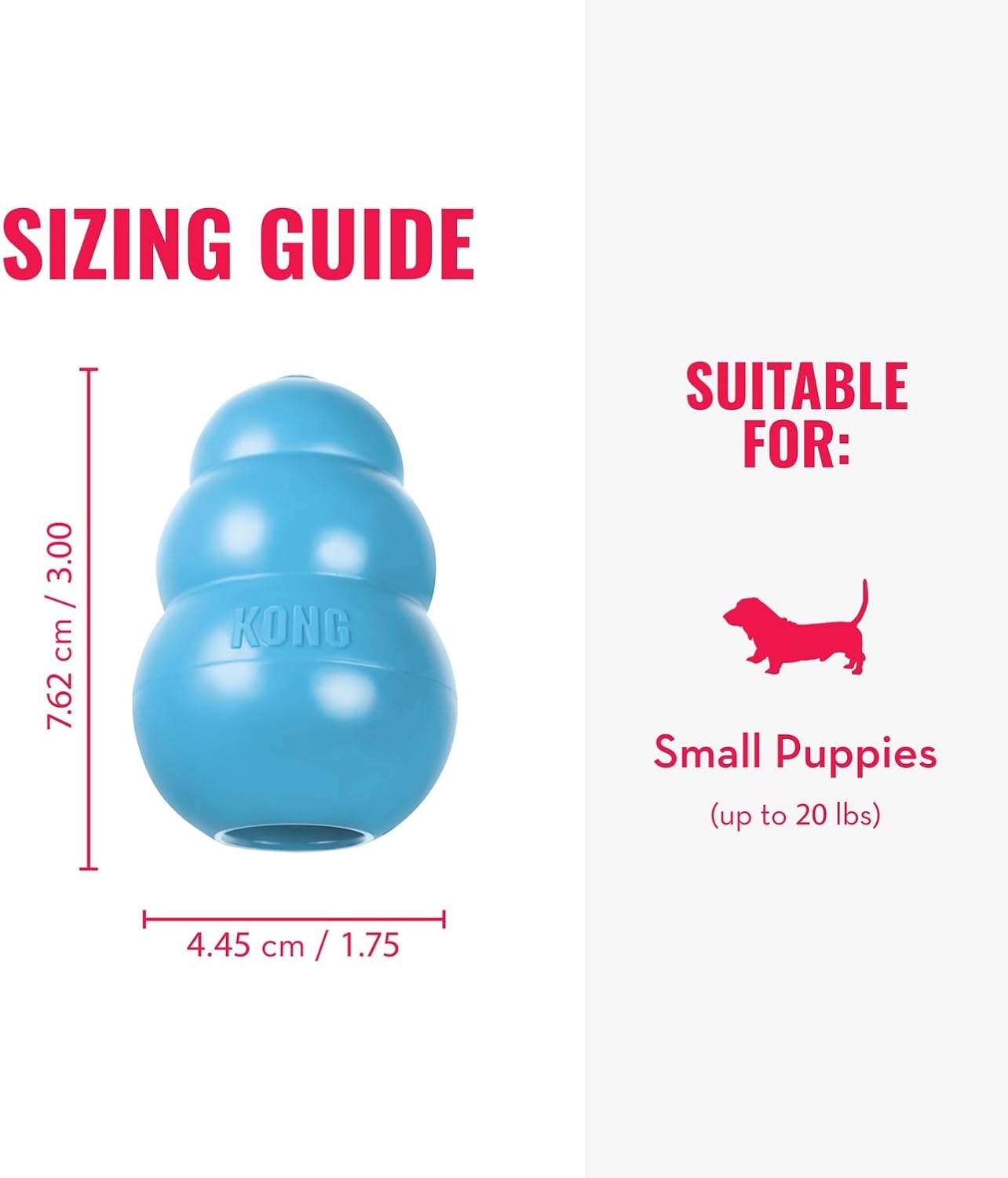 Kong dog toy sizing guide for small puppies with dimensions and suitability text at Pet Servo