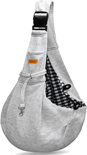 Gray pet sling with a checkered pattern inside on a white background at Pet Servo