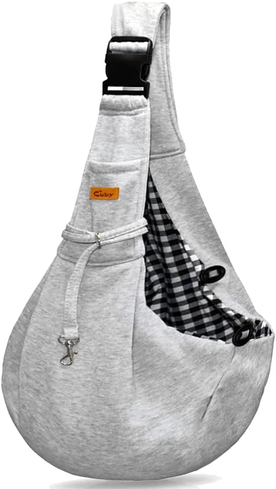 Gray pet sling with a checkered pattern inside on a white background at Pet Servo