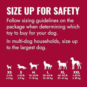 A red informational graphic with white text reading 'SIZE UP FOR SAFETY' and guidance for choosing a dog toy size based on dog weight, plus white dog silhouette icons labeled XS through XXL with weight ranges at Pet Servo
