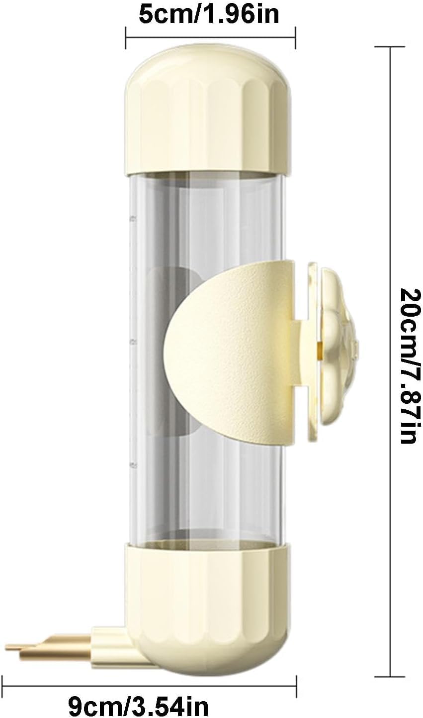 Clear bottle with beige cap and base, dimensions labeled at Pet Servo