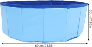 Blue octagonal folding pool with dimensions indicated at Pet Servo