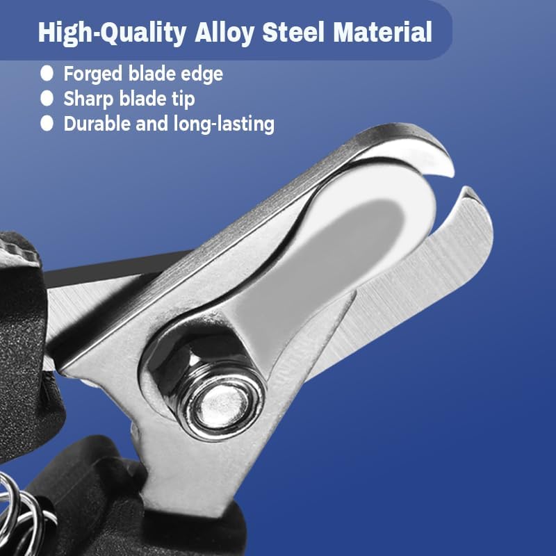 Close-up of a pair of shears with high-quality alloy steel material text on a blue background at Pet Servo